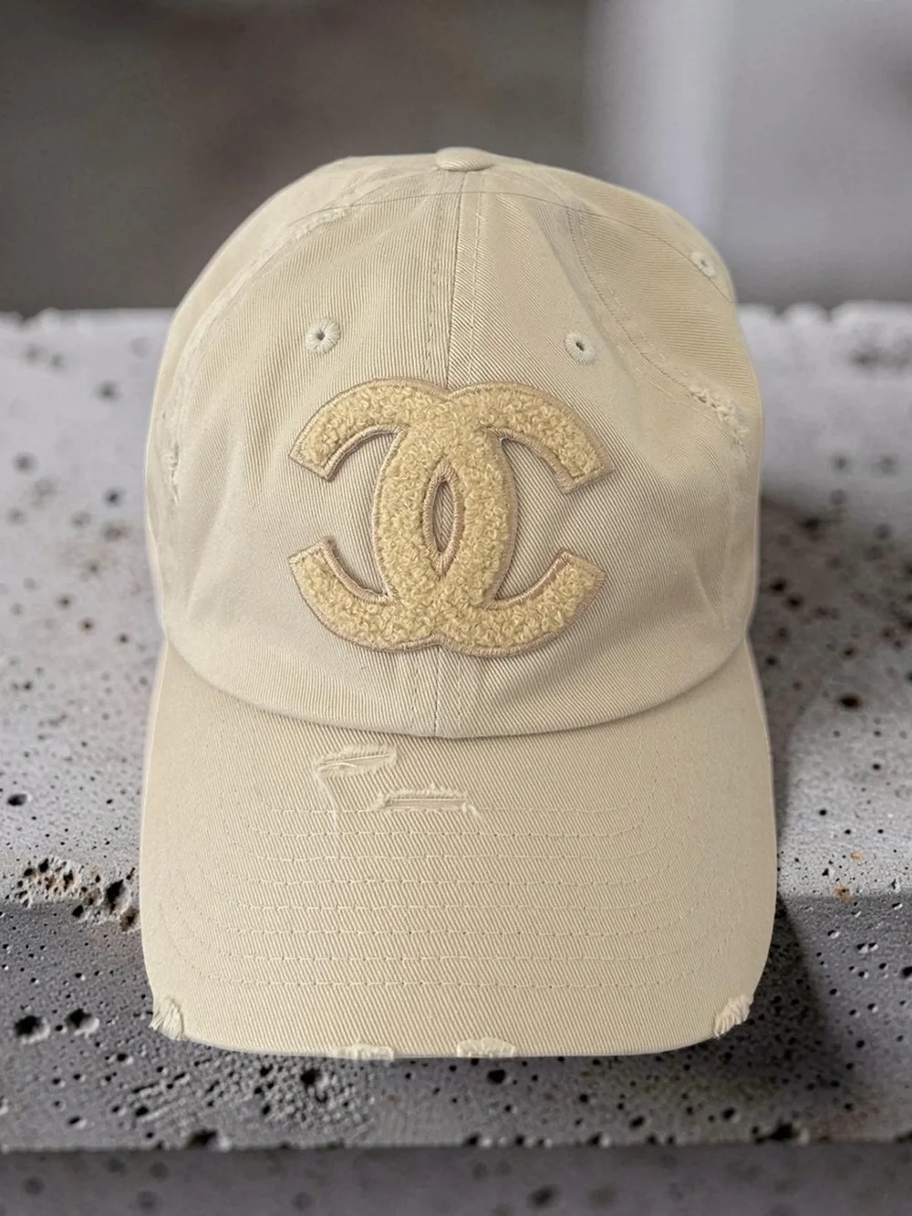 Designer Inspired Distressed Cream Baseball Cap with Textured Patch